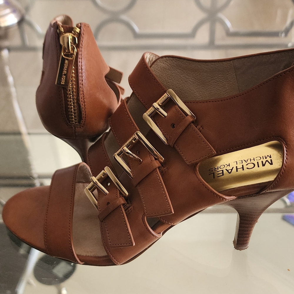 Michael Kors Cognac Brown Leather Triple-Buckle Heeled Sandals - Picture 2 of 5